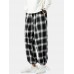 Mens Plaid Casual Drawstring Cuff Pants With Pocket