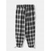 Mens Plaid Casual Drawstring Cuff Pants With Pocket