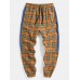 Mens Plaid Side Patchwork Drawstring Cotton Jogger Pants With Pocket