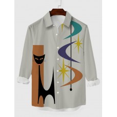 Mid Century Modern Style Abstract Geometric Pattern And Black Cat Printing Men's Long Sleeve Shirt