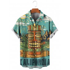 Men's Casual Vacation Tiki Mask Surf Picture Print Short Sleeve Shirt